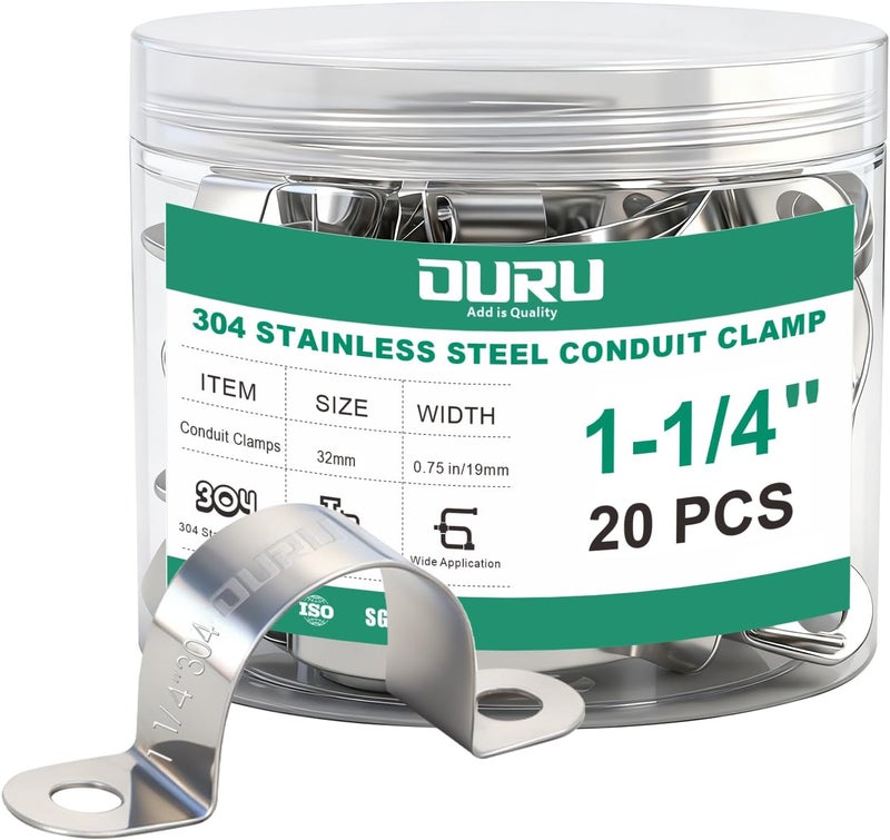 ORU 20pcs 1-1/4 Inch Conduit Clamp 304 Stainless Steel, Rigid Metal Pipe Clamp U Bracket, 2 Holes Pipe Strap for Automotive, Wire & Tube - Image 1